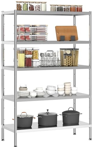 HOMCOM Scaffale da Cucina a 5 Livelli Regolabili 91x40x139 cm Argento | Su 13 Altezze Diverse, Scaffale Portaoggetti in Acciaio Inox 201, per Spezie, Pentole e Padelle