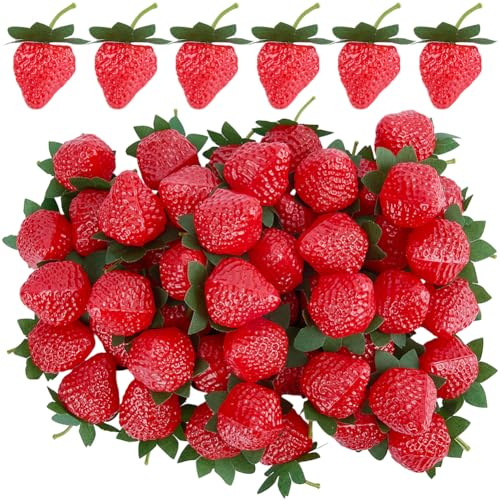 SOFPLATE 50 pieza de Fresa Artificial Mini Fresas de Imitación de Plástico Rojo Fruta Realista de Simulación Adornos de Comida para el Hogar Cocina Restaurante Gabinete Decoración de Bodas Fiestas Acc
