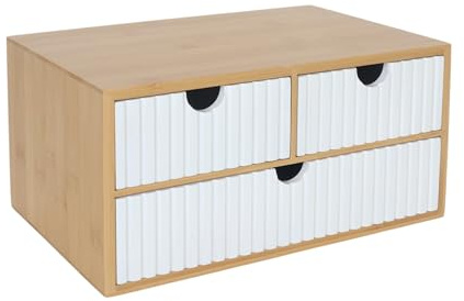 Relaxdays drawer box, bamboo & MDF, 3 ribbed drawers, HWD: 15 x 30 x 20 cm, desk storage, white/natural
