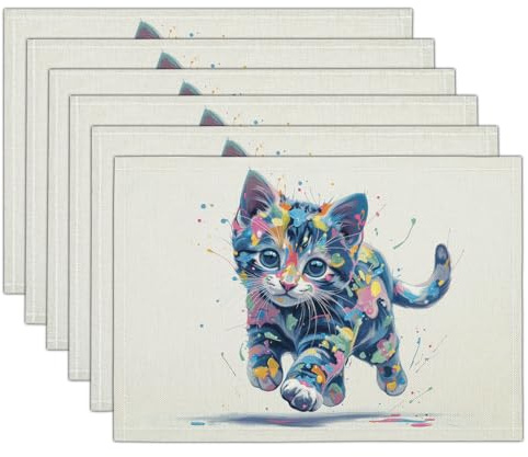 Bunte Katze Platzsets 2er Set, 30x45cm Cartoon-Stil Waschbar Platzdeckchen Urlaub Dekorative Tischsets für Esszimmer Küche Tisch Dekoration, Weiß