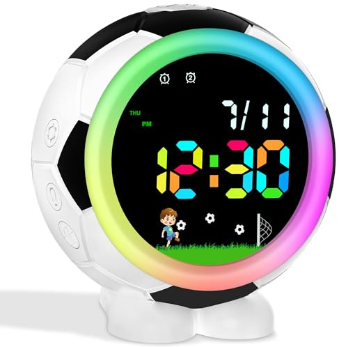 Edillas Wecker Kinder Digital Fußball/Pfirsich Aussehen mit Nachtlicht,Snooze,6 Klingeltönen,12/24h,Dual Alarm,Einschulung Geschenk für Jungen Mädchen 4-15 Jahre (Fußball)