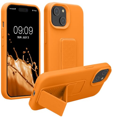 kwmobile Case for Apple iPhone 15 Case - Soft TPU Cover with Silicone Coating - With Hand Strap and Stand Function - Shockproof - Fruity Orange