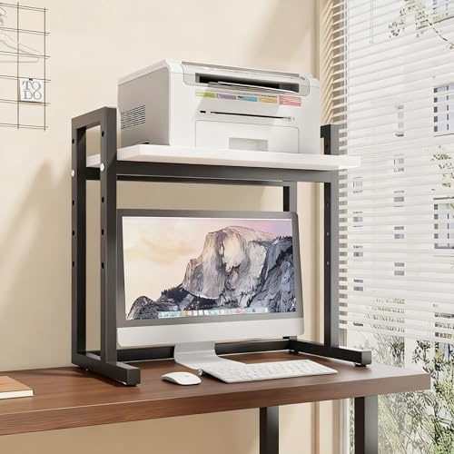JDPYURV 2-Etagen Höhenverstellbarer Druckertisch, Stabile Stahl & Holz Konstruktion mit Rutschfesten Füßen Schwarz/Weiß für Büro(A,70cm/27.5in)