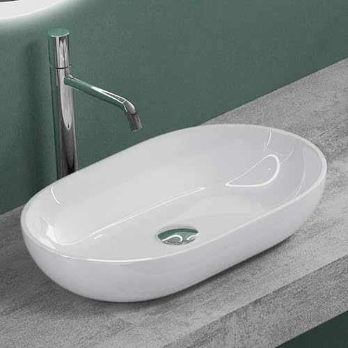 Mai & Mai Waschbecken Oval 54x34x10,5cm Aufsatzwaschbecken in Weiß glänzend | Waschschale Waschtisch aus Mineralguss ohne Hahnloch und Überlauf Colossum808