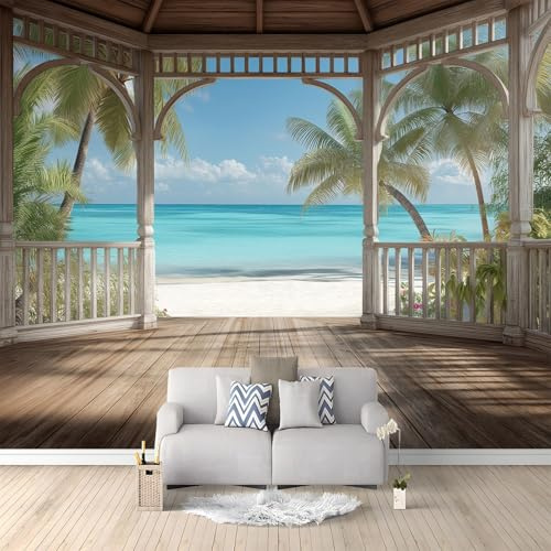 Générique Papier Peint Panoramique Intissé 300 x 210 cm - Revêtement Mural pour Salon - Marron - Trompe-l'œil Plage 3D et Palmiers