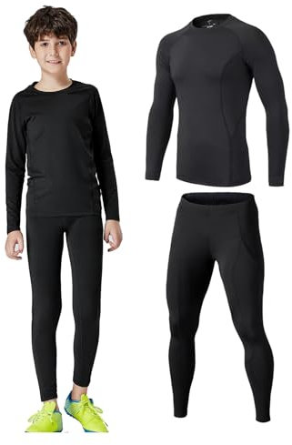 Echinodon Kinder Sportunterwäsche Fußball Kompressionsshirt + Kompressionshose Kompressionsunterwäsche Set Funktionsunterwaesche Set für Fitness Running Fußballtraining Radsport Schwarz 146/152