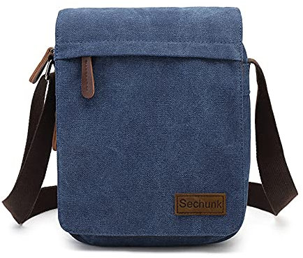 Sechunk Kleine Umhängetasche aus Segeltuch im Vintage-Stil (m_Blau, Mittel)
