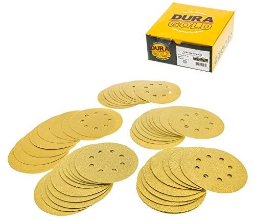 Dura-Gold Premium - Variety Pack - 5 Gold Sanding Discs - 8-Hole Dustless Hook and Loop - 10 each of Grit (60, 80, 120, 220, 320) -Box of 50 Sandpaper Finishing Discs for Woodworking or Automotive