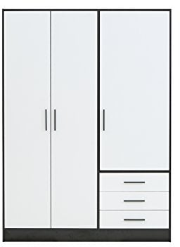 Forte Jupiter Armario 140 150, armario, armario de puertas batientes, 3 puertas, con 3 cajones y estantes, negro blanco, 145 cm de ancho x 60 cm de profundidad x 200 cm de alto