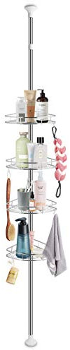 Ejoyous 4-Tier Shower Corner Shelf, 233-243cm Adjustable Bathroom Caddy Organiser With Hooks, Silver