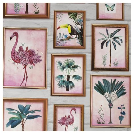 Fresco Tropical Frame Multi Colour Floral Wallpaper - Paste The Paper - Multicoloured Wallpaper - Brick & Floral Tropical Painting Effect Design - Feature or 4 Wall Design - Cover for Small Cracks