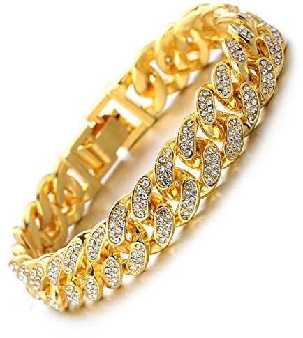 Halukakah Goldkette Herren Iced Out,18 Karat Echt Gold Vergoldete 14mm Männer Armband,Goldenes,Miami Kubanische Panzerkette,20cm,Geschenk für Mann