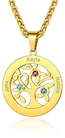 Custom4U Collier Personnalisé 3 Prénoms,Pendentif Arbre de Vie Plaqué Or en Acier Inoxydable Gravé Pierres de Naissance,Bijoux de Famille,Chaine 55+5 cm,Cadeau Anniversaire Femme Maman,Grand Mère