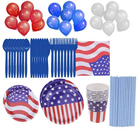 BESPORTBLE Lot de 114 pièces de vaisselle en papier patriotique avec drapeau américain - Serviettes en papier, assiettes, tasses, couverts, ballons et paille - Pour décoration patriotique de la fête