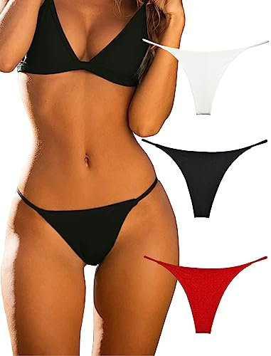 String Ficelle pour Femme en Coton Sexy Tanga Culottes Lot de 3 (Noir, Rouge, Blanc, Medium)