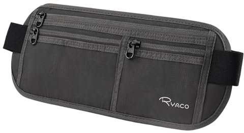RYACO Geldgürtel mit RFID Blocker, Money Belt wasserdichte für Damen und Herren, Bauchtasche Flach Hüfttasche Gürteltasche Reise, versteckte Anti-Diebstahl Festival Bumbag Reisepass-Beutel, Dunkelgrau