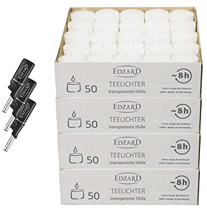 EDZARD Set 200 Teelichter (8 Stunden) weiß, ohne Duft - plus 3 Mini-Stabfeuerzeuge - Teelichtkerzen im Acryl-Cup