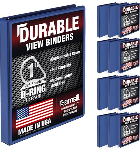Samsill Durable 1 Inch Binder, Made in The USA, D Ring Binder, Customizable Clear View Cover, Blue, 12 Pack, Each Holds 225 Pages