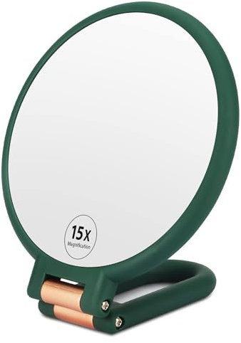 Linkstyle Handspiegel, Doppelseitiger Schminkspiegel Mit 1X 15X Vergrößerung, Professioneller Handstand-Reisespiegel Mit Verstellbarem Klappgriff (Grün)