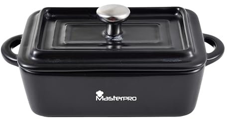 MasterPro Cook & Share | Casseruola in Gres | Design Rettangolare con Coperchio Colore Nero | 15,8 x 9 x 4,5 cm | Manici Ergonomici | Tegame per Ogni Piano Cottura | Per Lavastoviglie e Forno