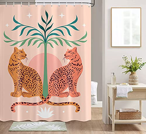 Mid Century Boho Leopard Duschvorhang, tropischer Dschungel, pink, Vintage, Safari, Wildtiere, Tierstoff, Duschvorhang, abstrakte Pflanzenblätter, geometrisch, ästhetischer Badvorhang, 170x188 cm