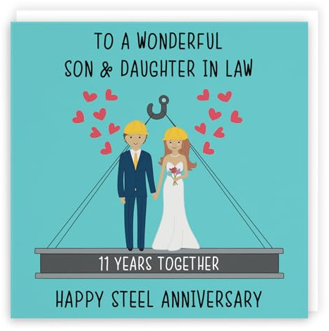 Hunts England - Son And Daughter In Law 11th Anniversary Card - To A Wonderful Son & Daughter In Law - 11 Years Together - Happy Steel Anniversary - Iconic Collection