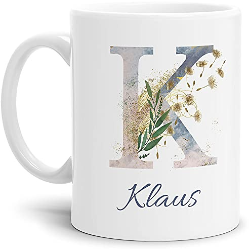 Tasse mit Buchstabe K und Blumen - mit Name personalisiert - Initiale, Namens-Tasse, Buchstaben Tasse, Geschenk I Keramik Weiß matt, 300 ml