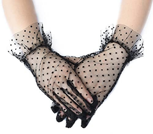 krautwear® Damen Handschuhe Spitze Ellenbogen Lang Abendhandschuhe Gerafft Braut Kurz Satin Schleife (1133-kurz-schwarz)