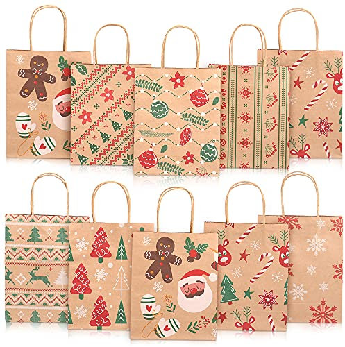 24 Stück Papiertüten Weihnachten Geschenktüten mit Henkel, Weihnachtstaschen aus Kraftpapier, Geschenkverpackung für Weihnachtsfeier begünstigt Süßigkeitenparty