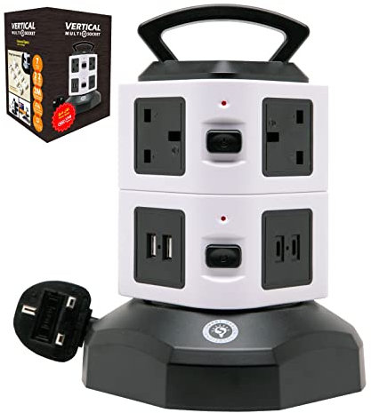 Smart Design Solutions | 7-Way Tower Extension Lead with USB C & Retractable 2M Cable | Multi-Socket Power Strip with Surge Protection | Type C Extension Tower with Multiple Outlets
