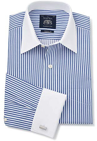 THE SAVILE ROW COMPANY LONDON Men's Classic Fit Cotton Twill Formal Shirt - Double Cuff - Blue Bengal Stripe - 16.5 Collar - Lengthened