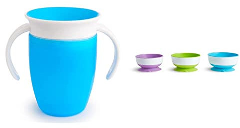 Munchkin Miracle 360 Cup, Baby and Sippy Cup, Ideal Sippy, Water and Weaning Cup 6+ to 12 Months, 7 oz/207 ml, Blue & Stay Put Copas con ventosa, paquete de 3, azul/verde/morado
