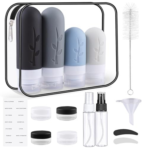 Silikon Reiseflaschen, 16 Stück Reiseset mit Silikon Reiseflaschen Auslaufsichere Travel Bottles und Reise Shampoo Behälter Praktisches Reiseflaschen Set (Schwarz)