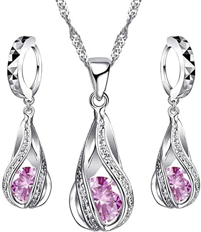 Crystalina Schmuckset aus 925er Silber für Damen, Halskette und Ohrringe mit Zirkonia, Geschenk für Damen (Pink Tear)