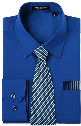 HISDERN Men's Royal Blue Shirts Long Sleeve Smart Formal Plain Dress Shirt and Tie Set Business Casual Wedding Regular Fit XL