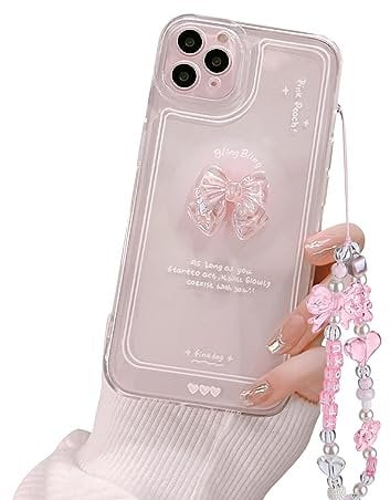 Ownest Compatible with iPhone 11 Pro Max Case, Cute 3D Pink Bowknot Slim Clear Aesthetic Design Women Girls Sparkly Protective Phone Cases for iPhone 11 Pro Max + Glitter Crystal Chain