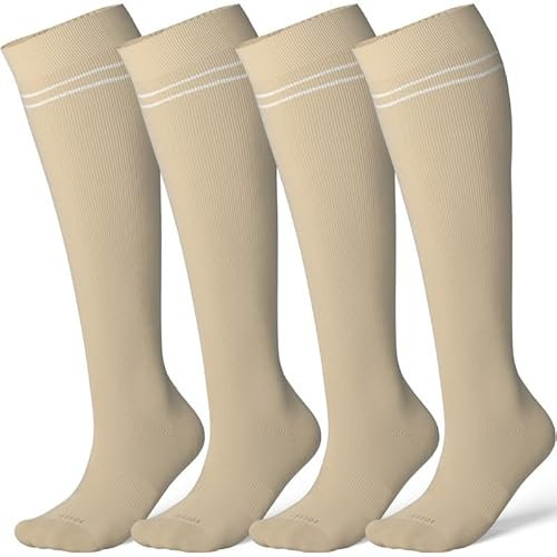 LEVSOX Chaussettes de compression en viscose de bambou pour femmes enceintes 20-30 mmHg hauteur genou mignon homme soutien chaussettes pour voyage, 4 paires de blé, X-Large