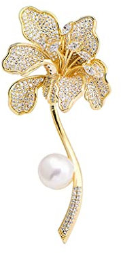 Lilien-Brosche, hochwertige weibliche natürliche Süßwasserperlen-Design, Corsage, Temperament-Anstecknadeln, Anzug hundert, mit Zubehör (Gold, 6,5 x 3,0 cm)