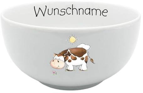 Doriantrade Müslischale Kinder Porridge Schale Porzellan personalisierbar mit Wunschname Name Kindergeschirr mit Namen personalisiert (Kuh)