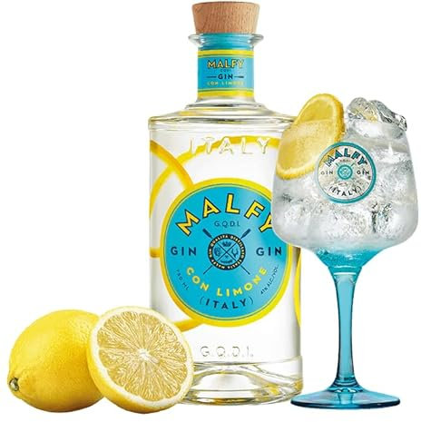 Gin MALFY Limone + Bicchiere ORIGINALE - Gin Italiano Mediterraneo, Pompelmo Rosa, Arancia Rossa, Limone Amalfi - Bicchiere ufficiale Goblet Glasses