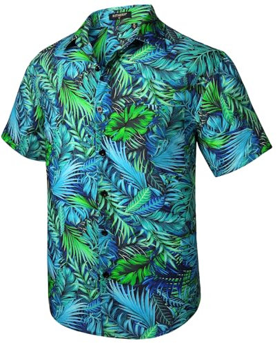 Rithern Hawaiihemd Herren Kurzarm Funky Hawaii Hemd Sommer Freizeithemden Regular Bedruckter Hemden Knopfleiste Blau & Grün 2XL
