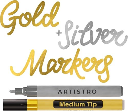 Artistro 2 Stylos Peinture Acrylique Or et Argent – Pointe Moyenne 3 mm – Pour Roche, Céramique, Bois, Verre, Plastique, Tissu – Idéal pour Projets Artistiques, Loisirs Créatifs