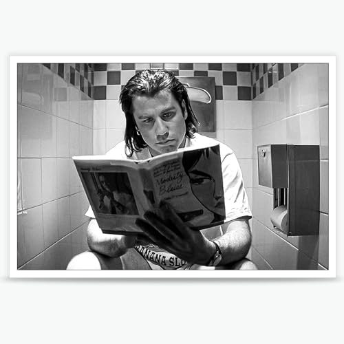 KIJDID Retro Pulp Fiction Poster Lustiges Badezimmer Vincent Vega auf Toilette Badezimmer Dekor Leinwand Wandkunst Schwarz und Weiß Drucke Dekor für Badezimmer Apartmen Ästhetische Dekoration Bar