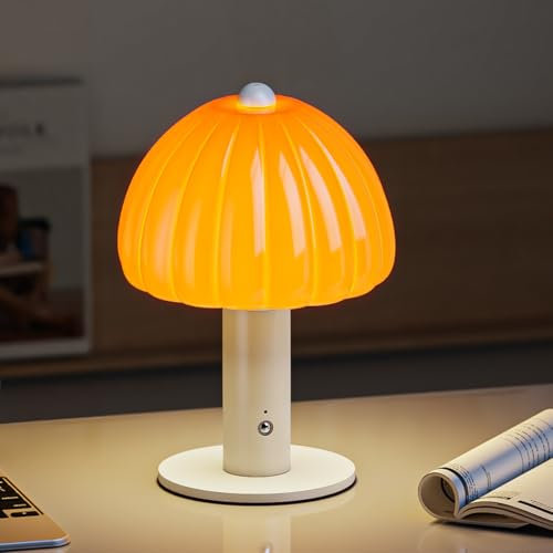 FANHAO Touch Bedside Table Lamp Portable Pumpkin Lamp, 4000mAh Cordless Rechargeable, 3-Color Dimmable, Glass Small Lamp for Bedroom Dorm Living Room, Aesthetic Home Decor & Gift