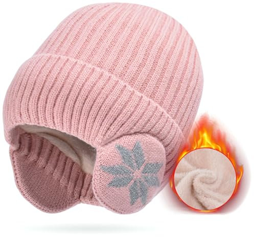 Malaxlx Rose Bonnet d'hiver en Tricot pour Homme Femme avec Cache Oreille Bonnet Hiver Chaud Doublé en Polaire épais Bonnet de Ski