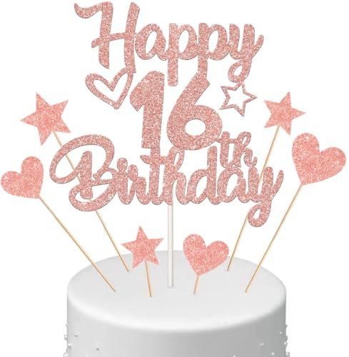 Anlgdi Tortendeko 16. Geburtstag Mädchen, Kuchendeko 16. Geburtstag Mädchen, Kuchen Topper Happy 16th Birthday Roségold, Cake Topper 16 Jahr Torte Kuchen Deko für Geburstagstorte Deko 16. Kinder