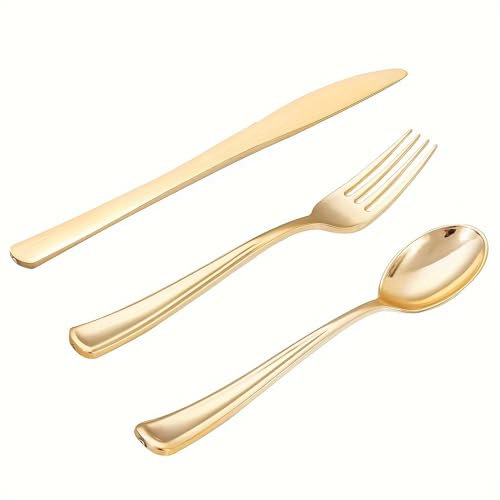 126 piezas de oro cubiertos de plástico reutilizables, cubiertos de mesa dorados, 42 tenedores, 42 cucharas y 42 cuchillos, ideales para fiestas de cumpleaños, bodas, barbacoas y camping