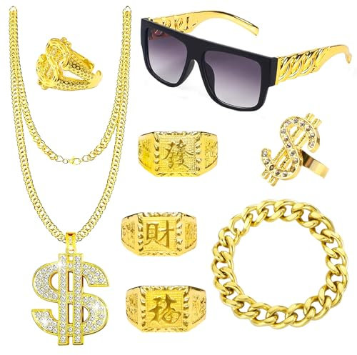 8 Stück Zuhälter Kostüm, 80/90er Jahre Outfit Herren Hip Hop Kostüm Zubehör, Hip Hop Dollar Halskette Gangster Gang Sonnenbrille Armbänder Ring, für 80er Jahre Outfit Herren Karneval Party Mottoparty