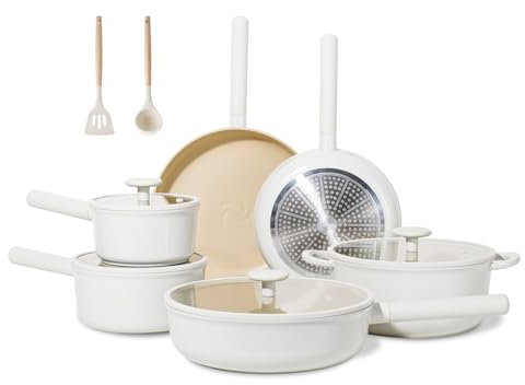 JEETEE Batterie Cuisine Ceramique 17 Pièces, Sets de Poêles et Casseroles Antiadhésif avec Poignées Amovibles, Poele Sans PFOA/PTFE, Casseroles Empilables, Va au Four, Beige