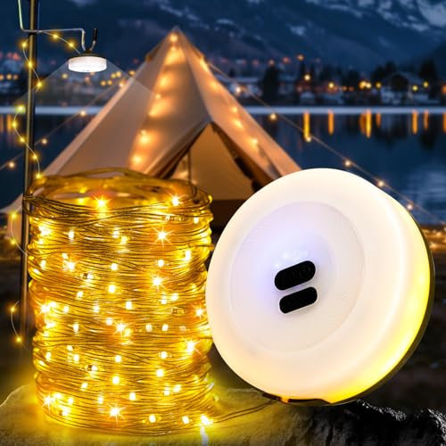 Camping Lichterkette Aufrollbar 10M, 2-in-1 Tragbare Wiederaufladbare LED Lichterkette, IPX4 Wasserdichte Camping lampe, Outdoor Lichterketten(warm Licht)